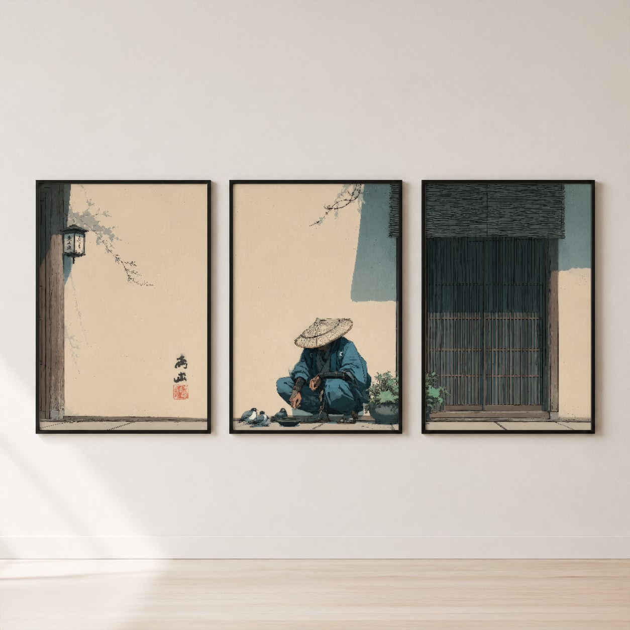 Japanese Village Cherry Blossom Triptych Wall Art — set hero