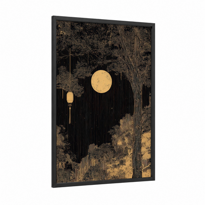 Moonlit Forest framed art print — black wood frame — black and gold palette