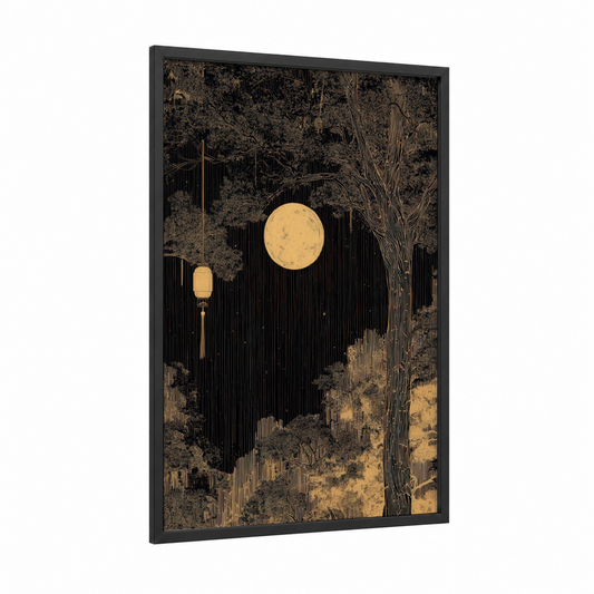 Moonlit Forest framed art print — black wood frame — black and gold palette