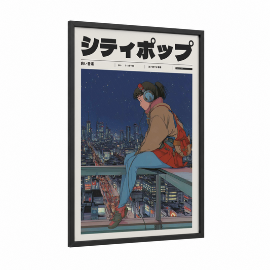 Rooftop Anime Girl framed anime and manga print — black wood frame — dark blue and gold palette