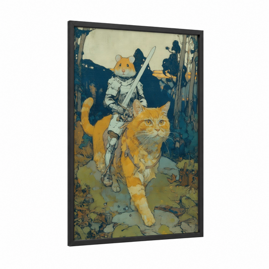 Warrior Hamster framed art print — black wood frame — gold and dark blue palette