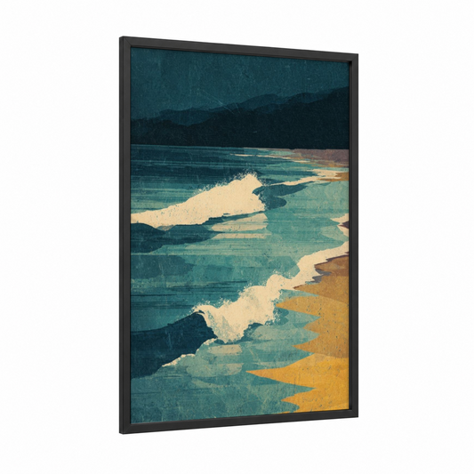 Coastal Waves Serenity framed sandy beach print — black wood frame — teal and cream palette