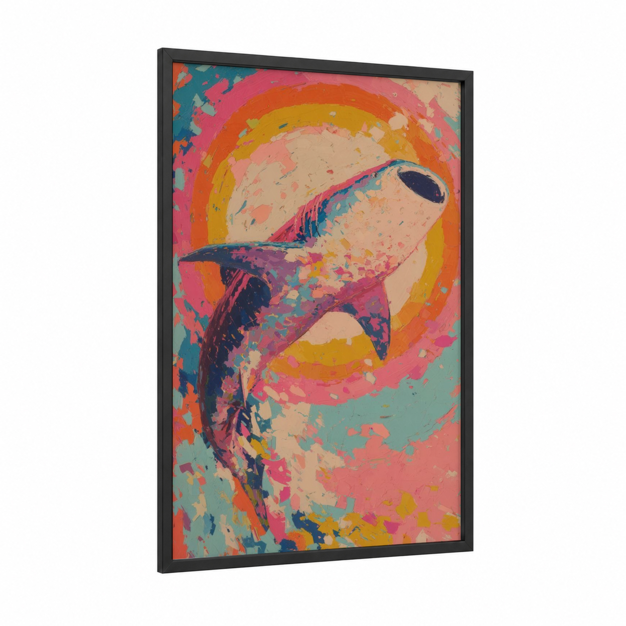 Colorful Whale Shark framed art print — black wood frame — magenta and gold palette