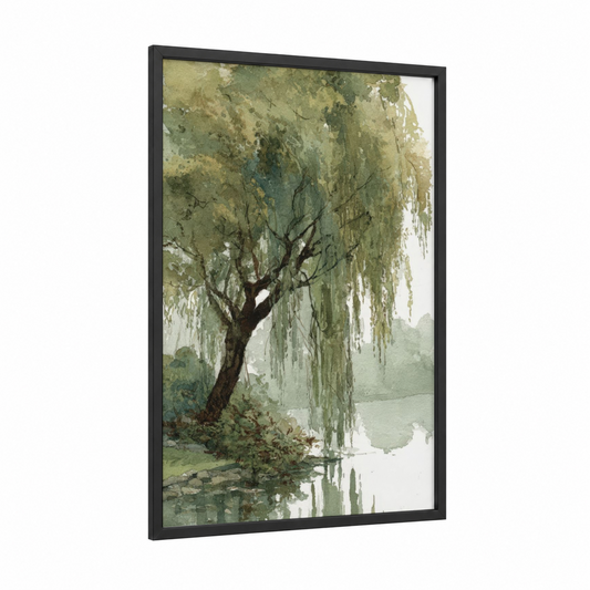 Lakeside Weeping Willow framed willow tree print — black wood frame — green and gray and white palette