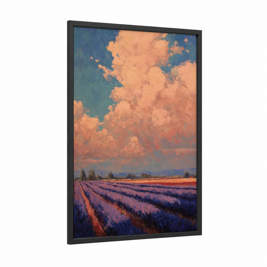 Golden Hour Lavender framed lavender field print — black wood frame — gold and purple palette