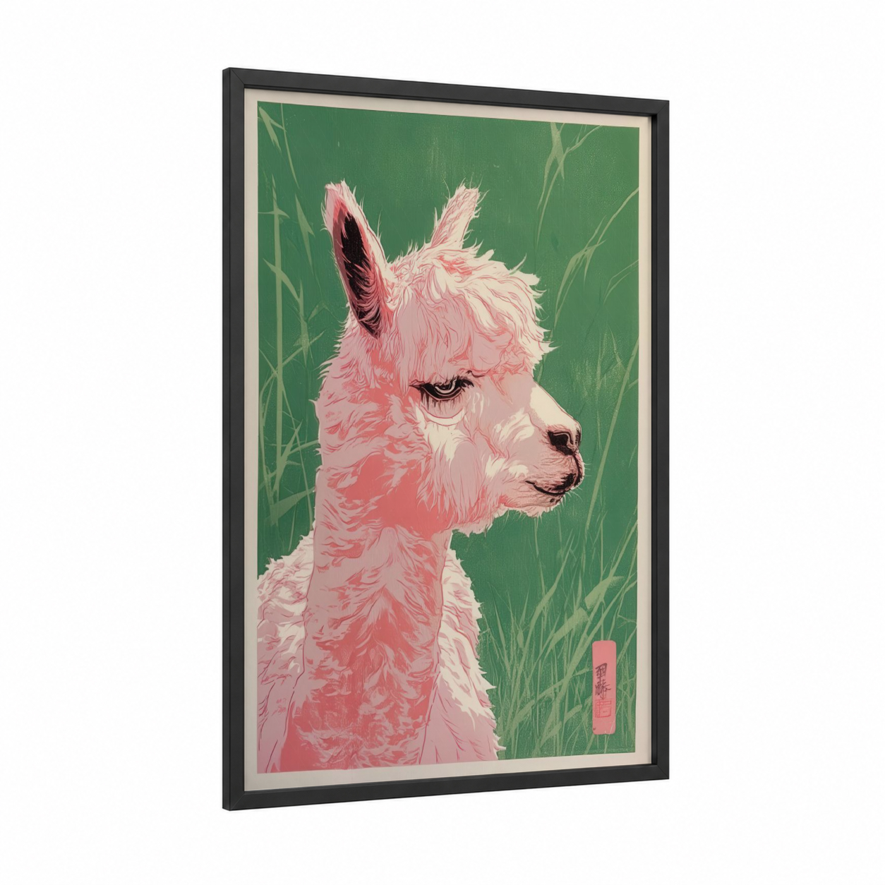 Pink Alpaca Portrait framed art print — black wood frame — pink and green palette