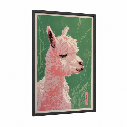 Pink Alpaca Portrait framed art print — black wood frame — pink and green palette