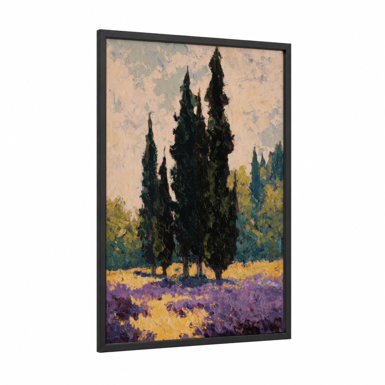 Tuscan Cypress Sentinels framed cypress tree print — black wood frame — gold and purple palette