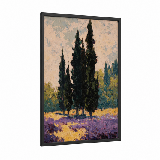 Tuscan Cypress Sentinels framed cypress tree print — black wood frame — gold and purple palette