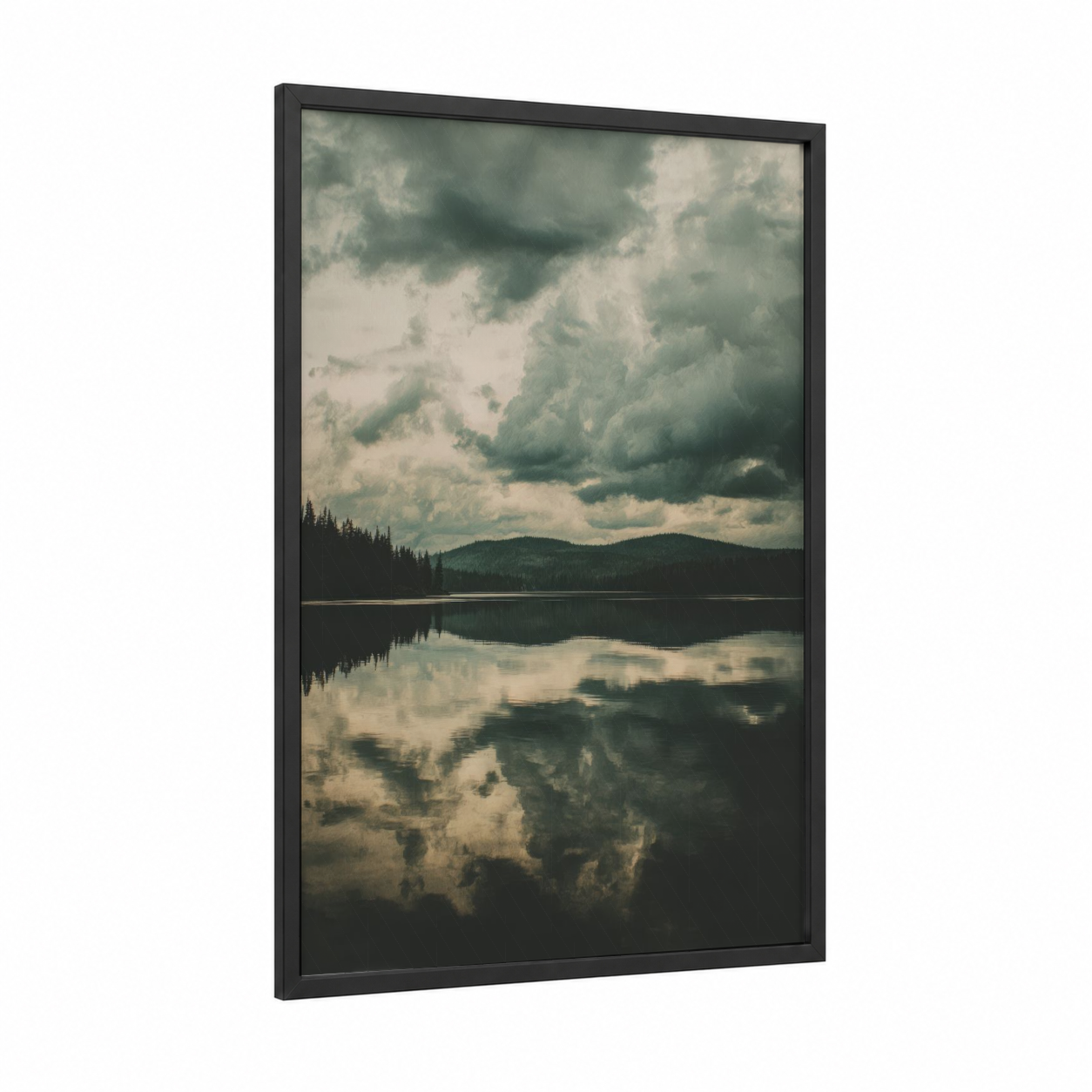 Stormy Lake Reflection framed art print — black wood frame — gray and blue and white palette