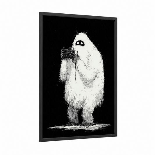 Snowy Yeti Photographer framed art print — black wood frame — black and white palette