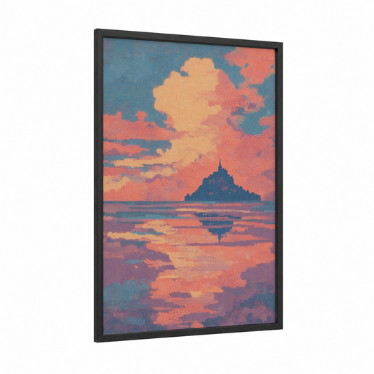 Crimson Sunset Mont framed mont saint-michel print — black wood frame — red and teal palette