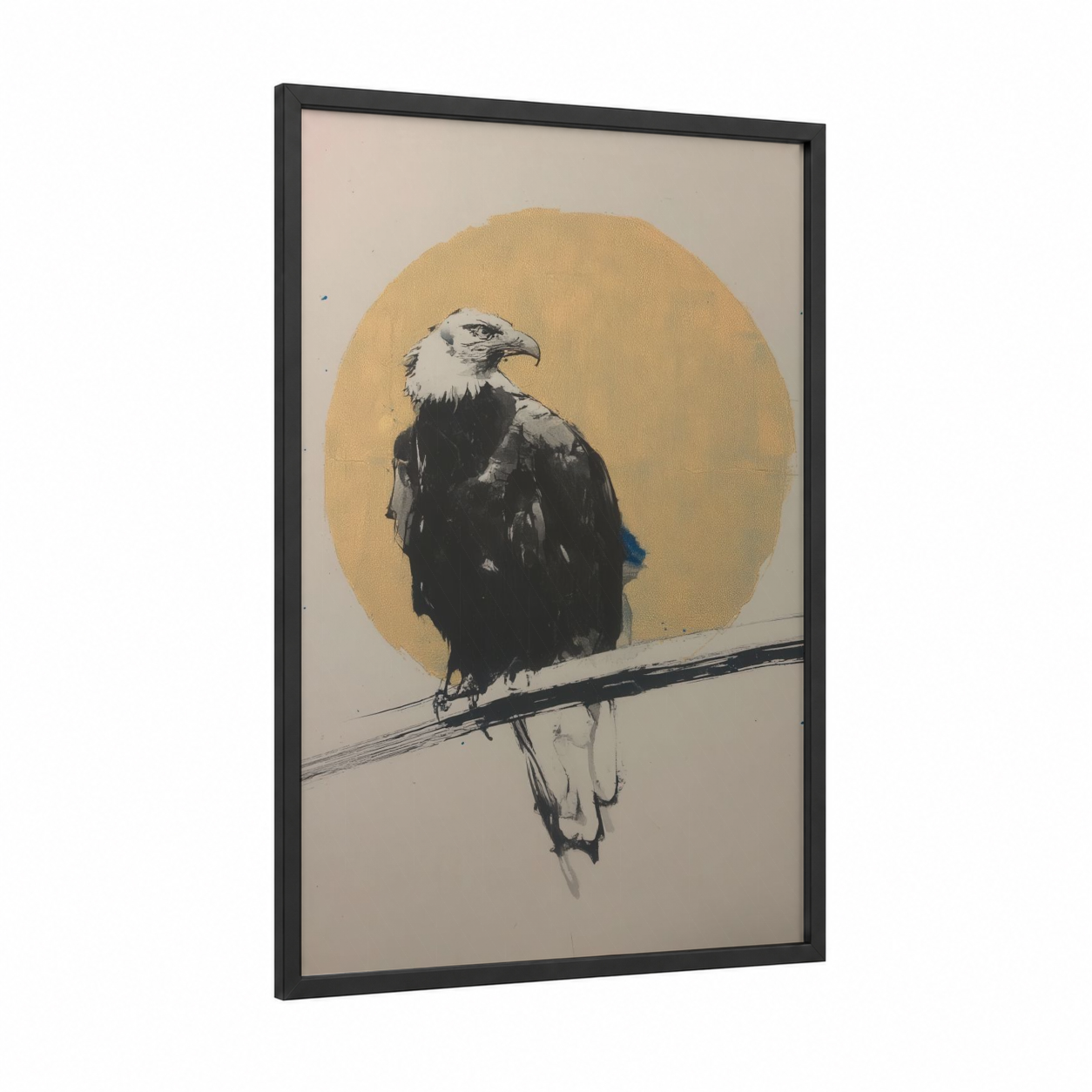 Golden Eagle Perch framed art print — black wood frame — gold and black and white palette