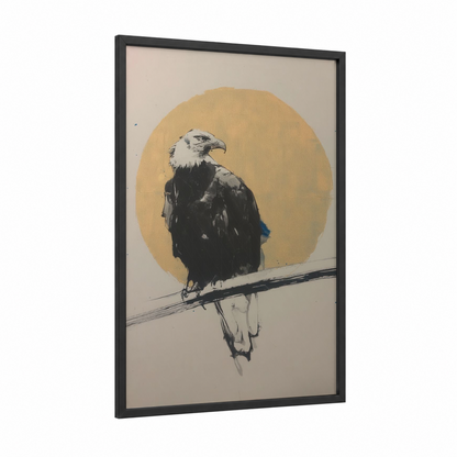 Golden Eagle Perch framed art print — black wood frame — gold and black and white palette