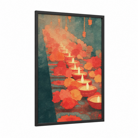 Ceremonial Diya Lights framed hinduism print — black wood frame — orange and teal palette