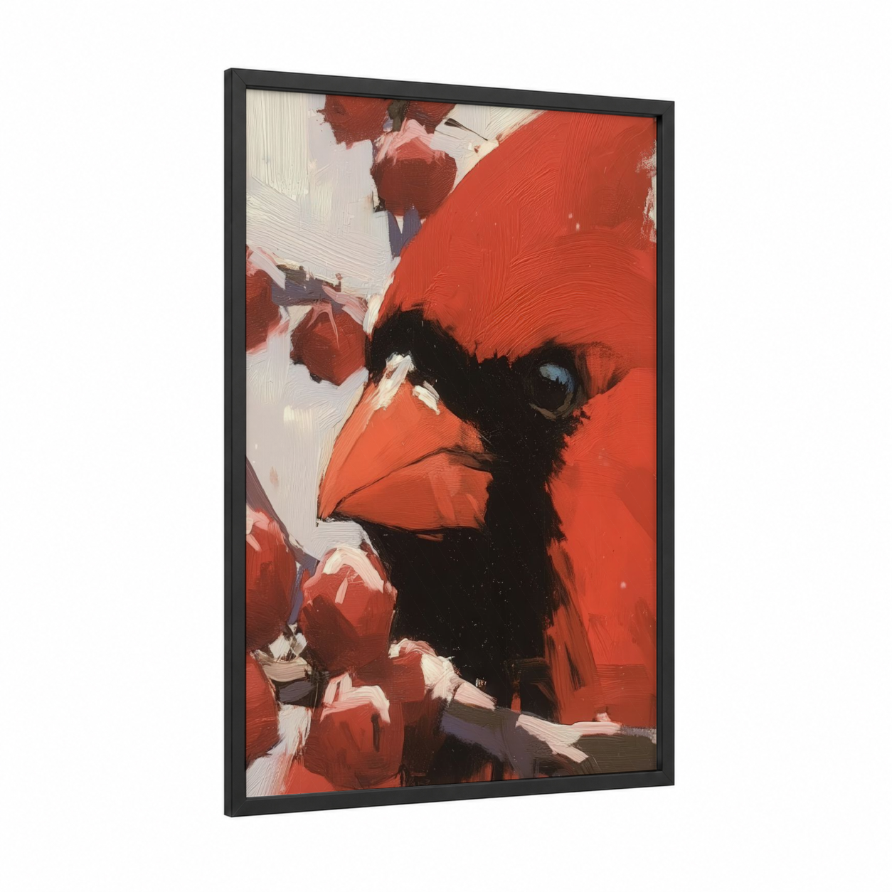 Crimson Cardinal Portrait framed art print — black wood frame — red and black and white palette