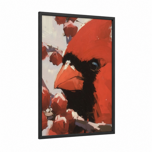 Crimson Cardinal Portrait framed art print — black wood frame — red and black and white palette