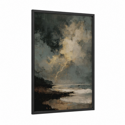 Stormy Coastal Lightning framed art print — black wood frame — gray and cream palette