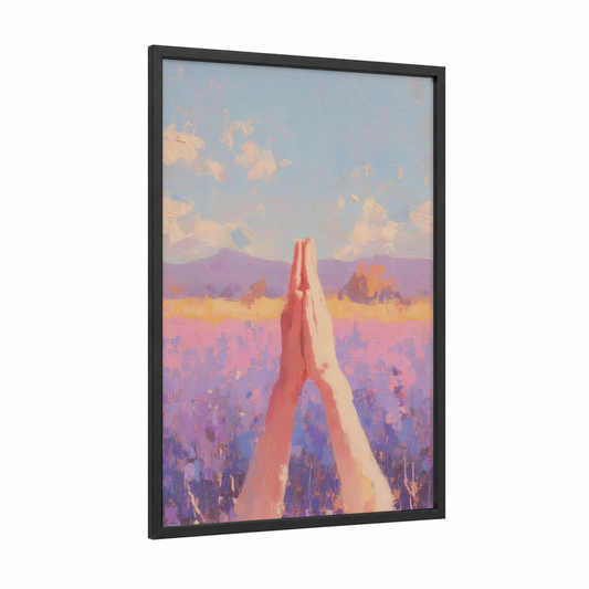 Sunrise Prayer Hands framed fitness yoga print — black wood frame — lavender and peach palette