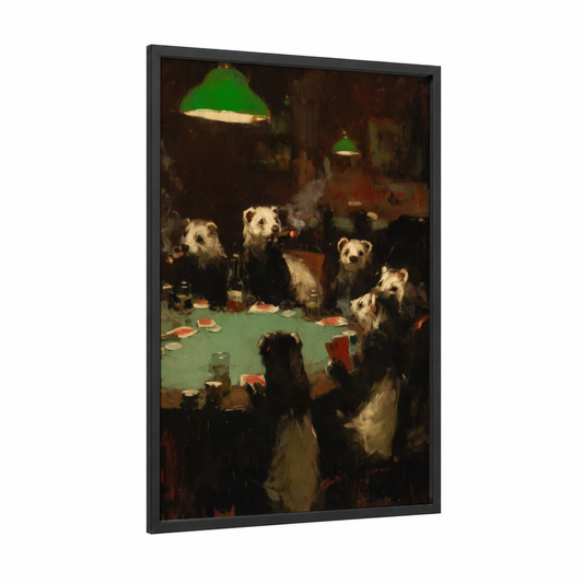 Poker Ferrets framed art print — black wood frame — brown and gold palette