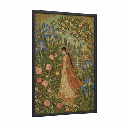Persian Garden With Iris Roses Wall Art framed art print — black wood frame — gold and blue palette