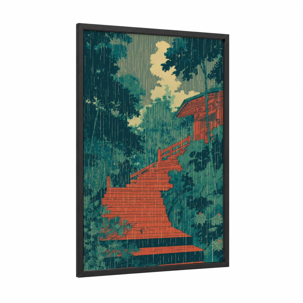 Temple Staircase Rain framed art print — black wood frame — teal and red palette