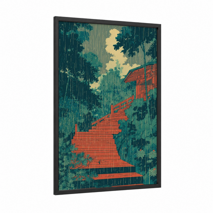 Temple Staircase Rain framed art print — black wood frame — teal and red palette