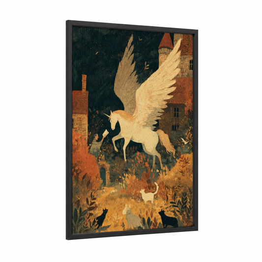 Castle Pegasus framed art print — black wood frame — gold and russet palette