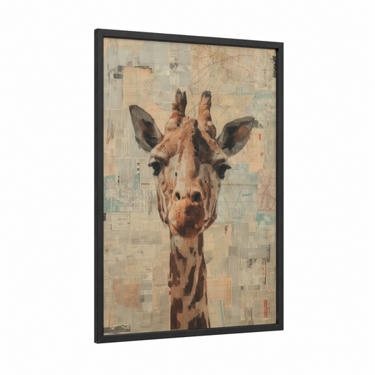 Curious Giraffe framed art print — black wood frame — cream and russet palette