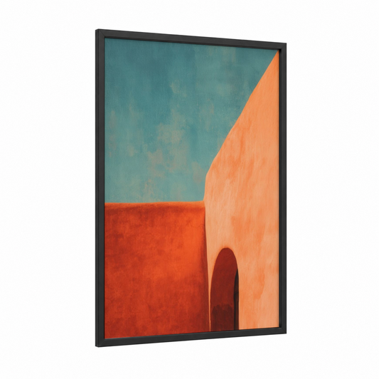 Terracotta Doorway framed art print — black wood frame — pumpkin and blue palette