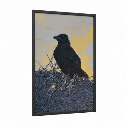 Golden Raven framed crows and ravens print — black wood frame — gold and black and white palette