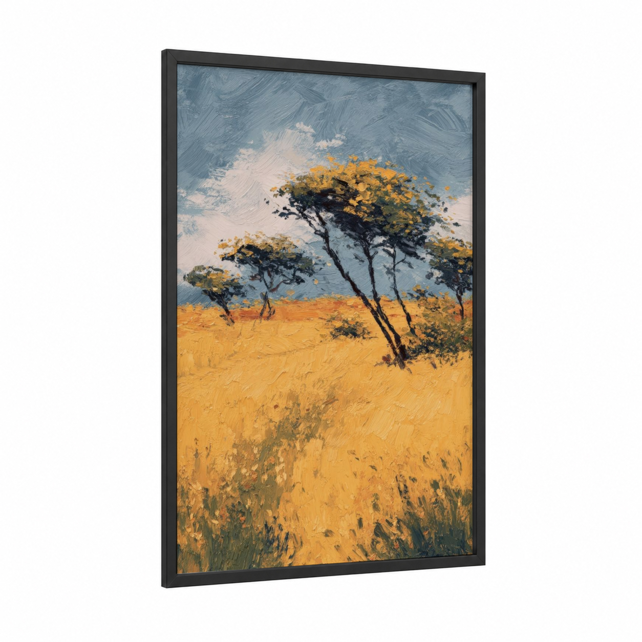 Golden Savanna Trees framed savanna and desert trees print — black wood frame — gold and blue palette
