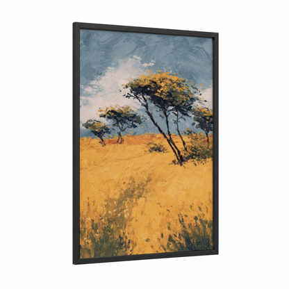 Golden Savanna Trees framed savanna and desert trees print — black wood frame — gold and blue palette