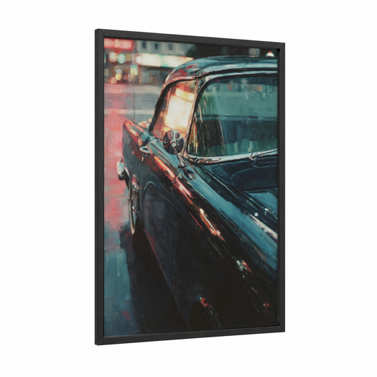 Neon Classic framed classic car print — black wood frame — teal and pink palette