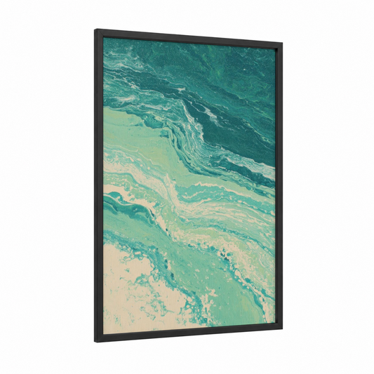 Serene Coastal Flow framed fitness yoga print — black wood frame — turquoise and cream palette