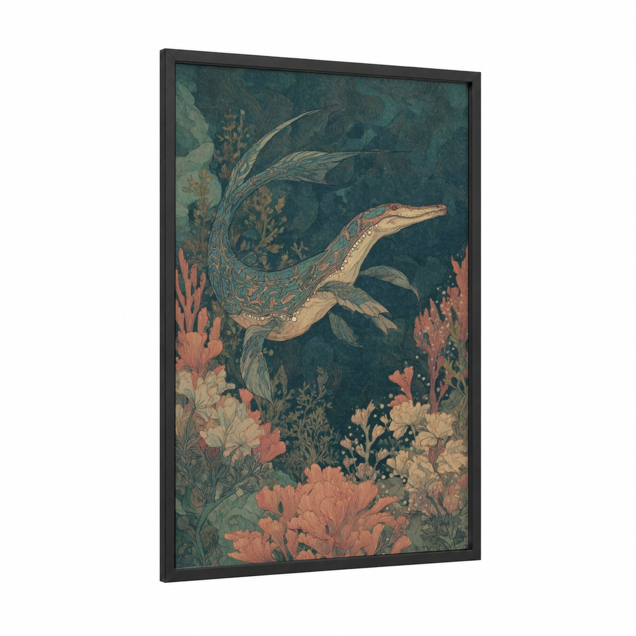 Coral Dinosaur framed art print — black wood frame — sage green and salmon pink palette