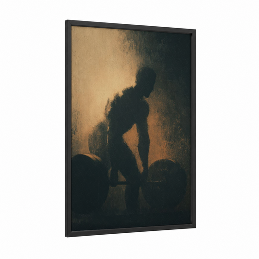 Golden Strength framed bodybuilding print — black wood frame — gold and black palette