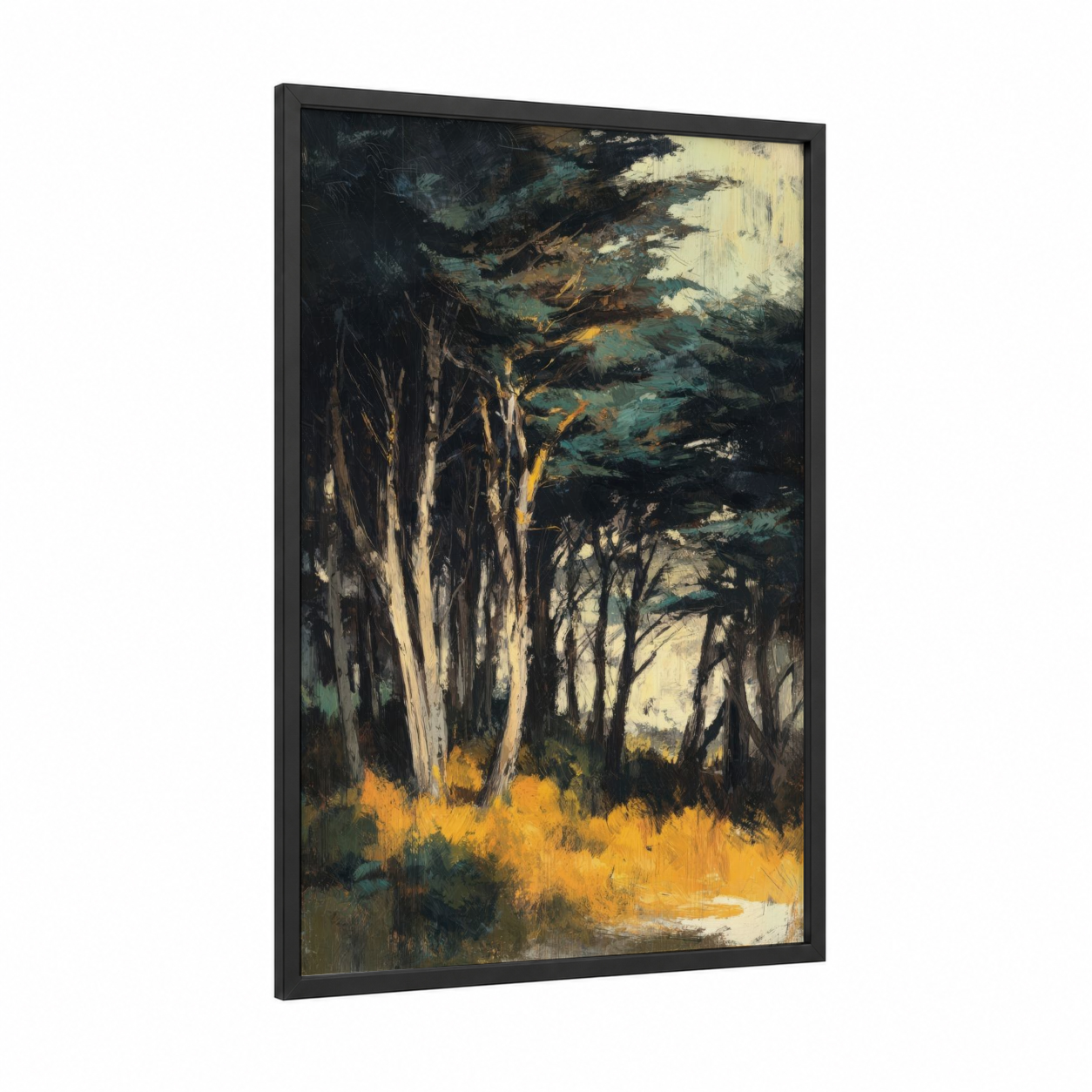 Golden Forest Light framed forest trees print — black wood frame — black and gold palette