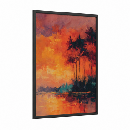 Crimson Oasis framed art print — black wood frame — red and gold palette