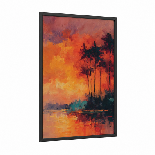 Crimson Oasis framed art print — black wood frame — red and gold palette