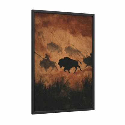 Ancient Hunt framed hunting print — black wood frame — brown and black palette