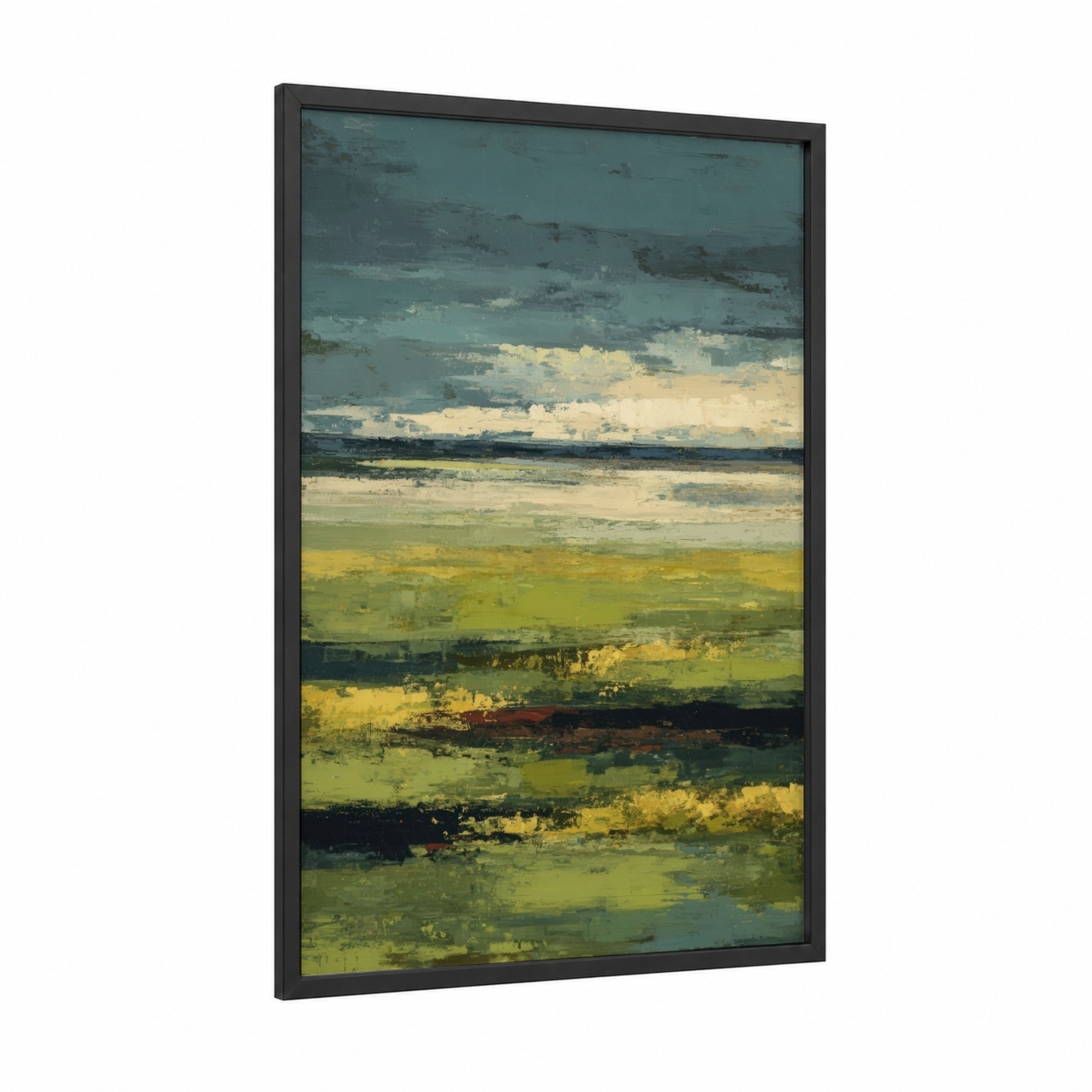 Layered Meadow framed green field print — black wood frame — light green and teal palette