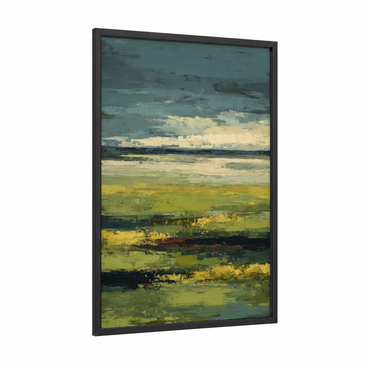 Layered Meadow framed green field print — black wood frame — light green and teal palette