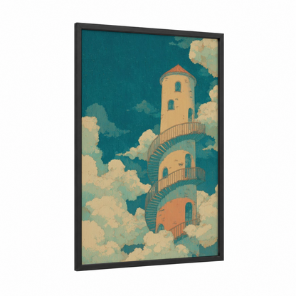 Cloud Tower framed towers print — black wood frame — teal and cream palette