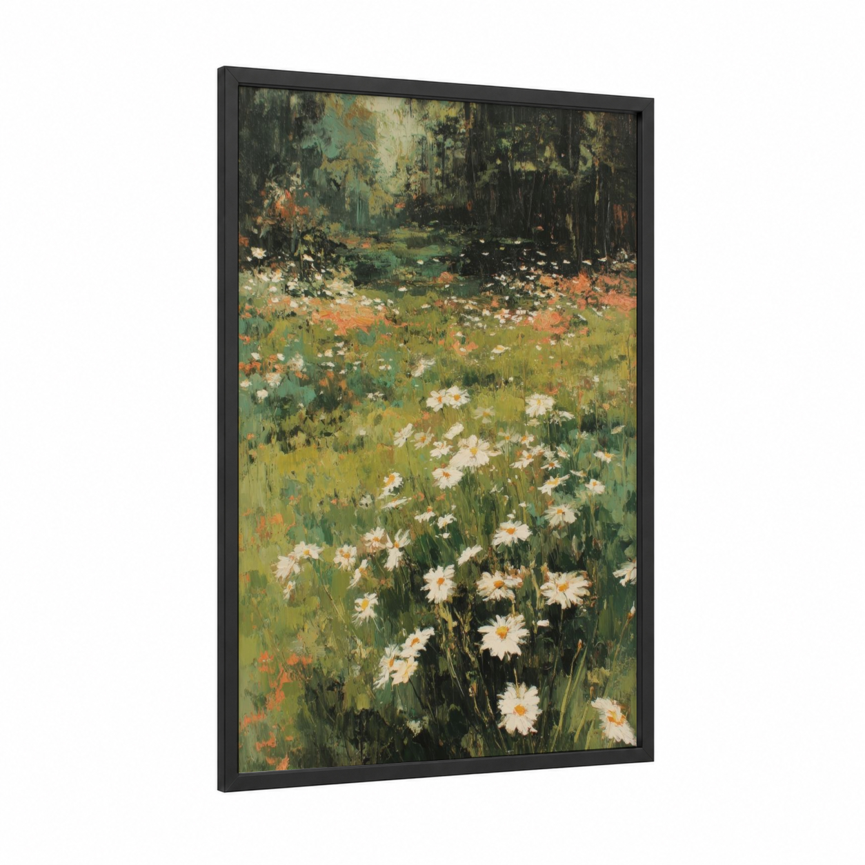 Forest Daisy Meadow framed art print — black wood frame — dark green and cream palette