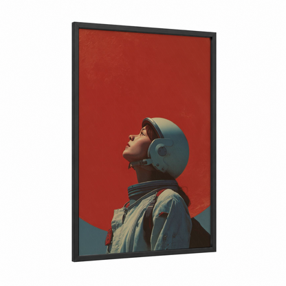 Cosmic Astronaut framed japanese retrofuturism print — black wood frame — red and gray palette