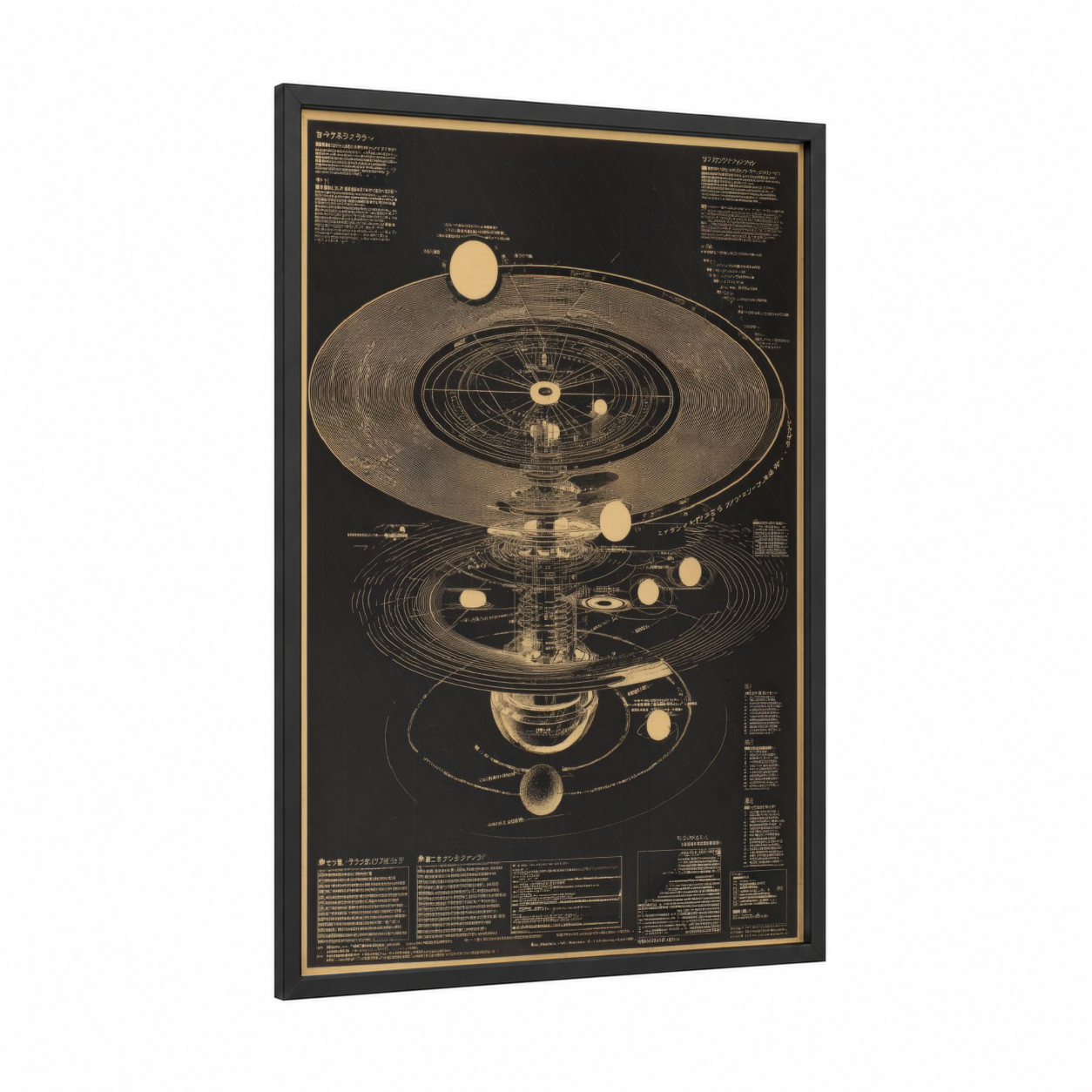 Solar System Diagram framed art print — black wood frame — gold and black palette
