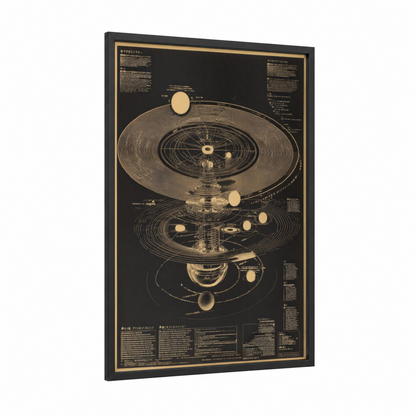 Solar System Diagram framed art print — black wood frame — gold and black palette