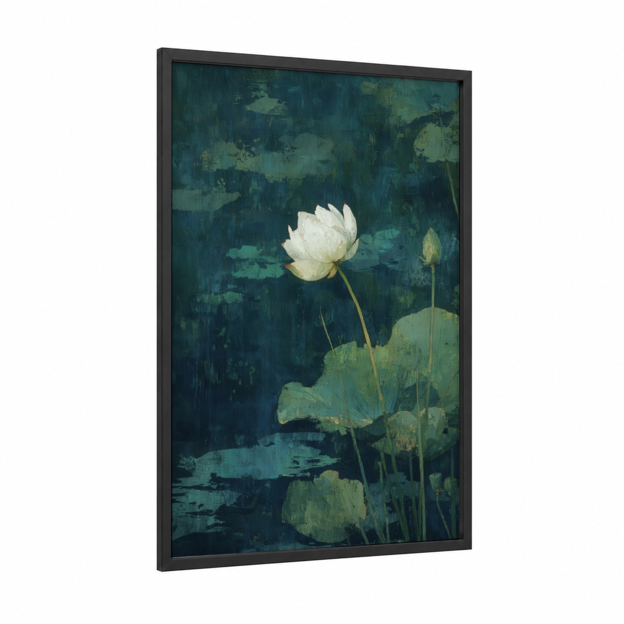 White Lotus Serenity framed art print — black wood frame — teal and sage green palette
