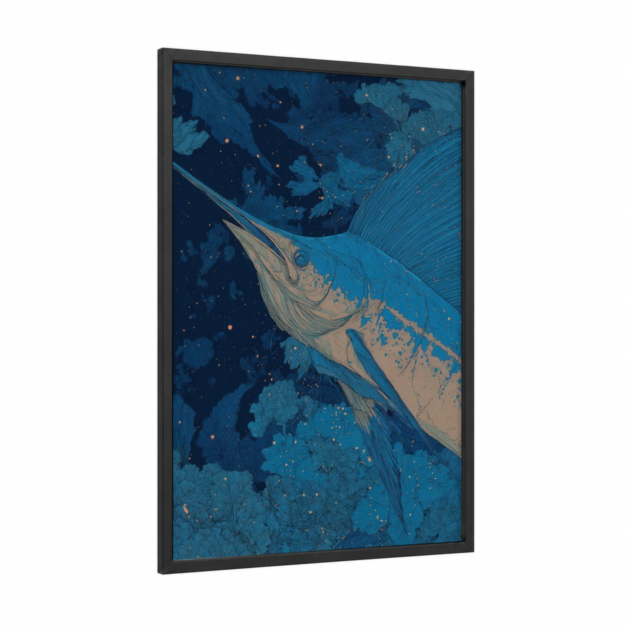 Sailfish Ascent framed art print — black wood frame — blue and gold palette